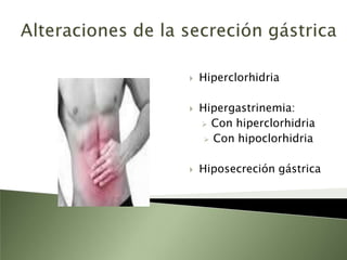 La secreción del ácido gástrico esta regulada porEstímulosGastrinaHistaminaacetilcolinaInhibiciónProstaglandinasSomatostatinaSecretina péptido  YY