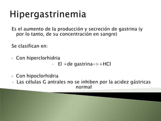 Alteraciones de la secreción gástricaHiperclorhidriaHipergastrinemia:Con hiperclorhidria