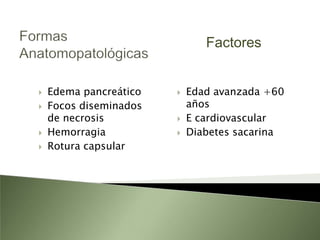 Causas:Cálculos de la vesícula y del colédoco.Posoperatorio.Ulcera péptica.Hipercalcemia -Hiperparatiroidismo.Hereditaria.Fármacos.Parotiditis.Hepatitis infecciosa.Tumores primarios.Tumores metastásicos.Picadura de alacrán.Hipotermia.Idiopática.