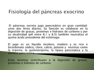 Fisiología del páncreas exocrino    El páncreas secreta jugo pancreático en gran cantidad: unos dos litros diarios. Su función es colaborar en la digestión de grasas, proteínas e hidratos de carbono y por su alcalinidad (pH entre 8.1 y 8.5) también neutraliza el quimo ácido procedente del estómago.   El jugo es un líquido incoloro, inodoro y es rico e bicarbonato sódico, cloro, calcio, potasio y  enzimas como la tripsina, la quimiotripsina, la lipasa pancreática y la amilasa pancreática.   Estas enzimas contribuyen a la digestión de grasas, proteínas e hidratos de carbono.