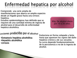 Tipos de H. AlcohólicaPresencia de degeneración balonante con necrosis de algunos hepatocitos. Escasos cuerpos de Mallory e infiltración leucocitaria leve.Marcada degeneración balonante con necrosis parenquinal confluente. La reacción inflamatoria es intensa a base de neutrófilos y hay hiperplasia de las células de Kuffper. Se caracteriza por afección intensa de la zona perivenular, con formación de puentes necróticos centro-centrales y centro-portales. En casos severos la necrosis celular origina áreas de colapso, con formación de puentes fibróticos.
