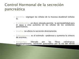 GlucagónEnterocinasaConvierte los tripsinógenos en tripsinas 1 y 2.Su eficacia se debe al proceso de activación ya que no es inhibida por tripsina.La índole se muestra donde hay deficiencia congénita de ella.Amilasa Es la única enzima capaz de digerir polisacáridos.