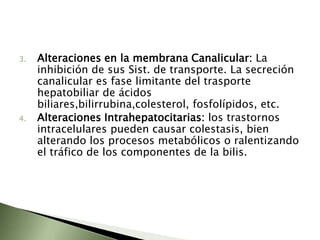  Además, como consecuencia de la retención de compuestos potencialmente tóxicos dentro del hepatocito puede producirse necrosis de estas células.EtiologíaLas causas de Colestasis son muy variadas, y se pueden agrupar según el mecanismo fisiopatológico que la producen.La colestasis intrahepática:  septicemia (infección generalizada), abscesos bacterianos, drogas, nutrición por vía intravenosa, linfoma, tuberculosis, sarcoidosis y amiloidosis. Otras causas de esta forma de colestasis pueden ser: cirrosis biliar primaria, colangitis esclerosante primaria, hepatitis viral (A,B,C, etc.), enfermedad hepática alcohólica, embarazo, síndrome de Sjogren y otros.