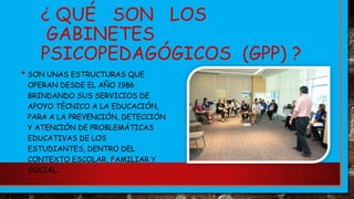 ¿ QUÉ SON LOS
GABINETES
PSICOPEDAGÓGICOS (GPP) ?
• SON UNAS ESTRUCTURAS QUE
OPERAN DESDE EL AÑO 1986
BRINDANDO SUS SERVICIOS DE
APOYO TÉCNICO A LA EDUCACIÓN,
PARA A LA PREVENCIÓN, DETECCIÓN
Y ATENCIÓN DE PROBLEMÁTICAS
EDUCATIVAS DE LOS
ESTUDIANTES, DENTRO DEL
CONTEXTO ESCOLAR, FAMILIAR Y
SOCIAL.
 