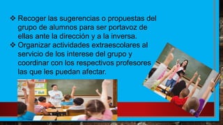  Recoger las sugerencias o propuestas del
grupo de alumnos para ser portavoz de
ellas ante la dirección y a la inversa.
 Organizar actividades extraescolares al
servicio de los interese del grupo y
coordinar con los respectivos profesores
las que les puedan afectar.
 