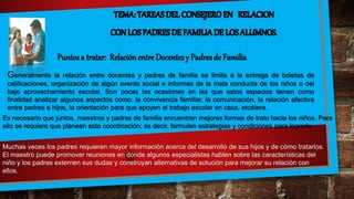 Puntos a tratar: Relación entre Docentes y Padres de Familia
Generalmente la relación entre docentes y padres de familia se limita a la entrega de boletas de
calificaciones, organización de algún evento social e informes de la mala conducta de los niños o del
bajo aprovechamiento escolar. Son pocas las ocasiones en las que estos espacios tienen como
finalidad analizar algunos aspectos como: la convivencia familiar, la comunicación, la relación afectiva
entre padres e hijos, la orientación para que apoyen el trabajo escolar en casa, etcétera.
Es necesario que juntos, maestros y padres de familia encuentren mejores formas de trato hacia los niños. Para
ello se requiere que planeen esta coordinación; es decir, formulen estrategias y condiciones para lograrlo.
Muchas veces los padres requieren mayor información acerca del desarrollo de sus hijos y de cómo tratarlos.
El maestro puede promover reuniones en donde algunos especialistas hablen sobre las características del
niño y los padres externen sus dudas y construyan alternativas de solución para mejorar su relación con
ellos.
 