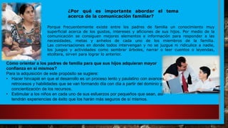 Porque frecuentemente existe entre los padres de familia un conocimiento muy
superficial acerca de los gustos, intereses y aficiones de sus hijos. Por medio de la
comunicación se consiguen mejores elementos e información para responder a las
necesidades, metas y anhelos de cada uno de los miembros de la familia.
Las conversaciones en donde todos intervengan y no se juzgue ni ridiculice a nadie,
los juegos y actividades como sembrar árboles, narrar o leer cuentos o leyendas,
etcétera, sirven para lograr lo anterior.
¿Por qué es importante abordar el tema
acerca de la comunicación familiar?
Cómo orientar a los padres de familia para que sus hijos adquieran mayor
confianza en sí mismos?
Para la adquisición de este propósito se sugiere:
• Hacer hincapié en que el desarrollo es un proceso lento y paulatino con avances,
retrocesos y habilidades que se van formando día con día a partir del dominio y
concientización de los recursos.
• Estimular a los niños en cada uno de sus esfuerzos por pequeños que sean, así
tendrán experiencias de éxito que los harán más seguros de sí mismos.
 
