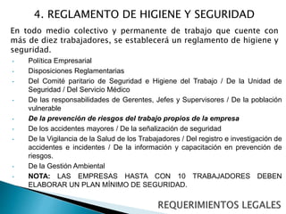 4. REGLAMENTO DE HIGIENE Y SEGURIDAD 
En todo medio colectivo y permanente de trabajo que cuente con 
más de diez trabajadores, se establecerá un reglamento de higiene y 
seguridad. 
• Política Empresarial 
• Disposiciones Reglamentarias 
• Del Comité paritario de Seguridad e Higiene del Trabajo / De la Unidad de 
Seguridad / Del Servicio Médico 
• De las responsabilidades de Gerentes, Jefes y Supervisores / De la población 
vulnerable 
• De la prevención de riesgos del trabajo propios de la empresa 
• De los accidentes mayores / De la señalización de seguridad 
• De la Vigilancia de la Salud de los Trabajadores / Del registro e investigación de 
accidentes e incidentes / De la información y capacitación en prevención de 
riesgos. 
• De la Gestión Ambiental 
• NOTA: LAS EMPRESAS HASTA CON 10 TRABAJADORES DEBEN 
ELABORAR UN PLAN MÍNIMO DE SEGURIDAD. 
 