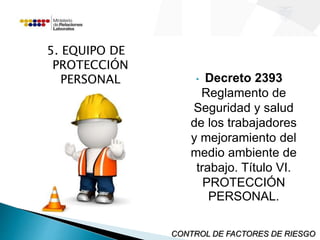 5. EQUIPO DE 
PROTECCIÓN 
PERSONAL • Decreto 2393 
Reglamento de 
Seguridad y salud 
de los trabajadores 
y mejoramiento del 
medio ambiente de 
trabajo. Título VI. 
PROTECCIÓN 
PERSONAL. 
CONTROL DE FACTORES DE RIESGO 
 