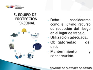 5. EQUIPO DE 
PROTECCIÓN 
PERSONAL 
• Debe considerarse 
como el último recurso 
de reducción del riesgo 
en el lugar de trabajo. 
• Utilización adecuada. 
• Obligatoriedad del 
uso. 
• Mantenimiento y 
conservación. 
CONTROL DE FACTORES DE RIESGO 
 
