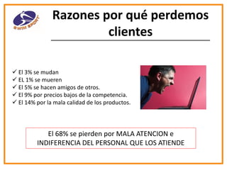 Razones por qué perdemos
clientes
 El 3% se mudan
 EL 1% se mueren
 El 5% se hacen amigos de otros.
 El 9% por precios bajos de la competencia.
 El 14% por la mala calidad de los productos.

El 68% se pierden por MALA ATENCION e
INDIFERENCIA DEL PERSONAL QUE LOS ATIENDE

 