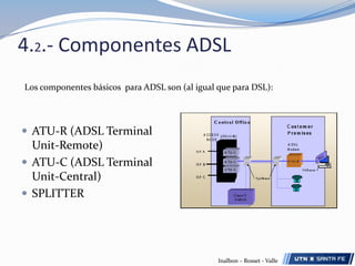4.1.- Funcionamiento y características de ADSLAl tratarse de una modulación asimétrica, o sea, en la que se transmiten diferentes caudales en los sentidos Usuario-Red y Red-Usuario, el módem ADSL situado en el extremo del usuario es distinto del ubicado al otro lado del lazo, en la central local. El splitter no es más que un conjunto de dos filtros: uno paso alto y otro paso bajo. La finalidad de estos filtros es la de separar las señales transmitidas, o sea, las señales de baja frecuencia (telefonía) de las de alta frecuencia (ADSL).En la siguiente figura se muestra un enlace ADSL entre un usuario y la central local de la que depende. En dicha figura se observa que además de los módems situados en el domicilio del usuario (ATU-R o ADSL Terminal Unit-Remote) y en la central (ATU-C o ADSL Terminal Unit-CentralInalbon – Rosset - Valle