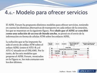 4.5.- Modulación en ADSLLa técnica de modulación usada es la misma tanto en el ATU-R como en el ATU-C. La única diferencia consiste en que el ATU-C dispone de hasta 256 subportadoras, mientras que el ATU-R sólo puede disponer como máximo de 32.La separación de los trayectos en ADSL se efectúa por Multiplexación por División en Frecuencias (FDM) o por Cancelación de Eco (CAP).Inalbon – Rosset - Valle