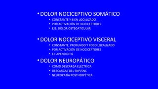 •DOLOR NOCICEPTIVO SOMÁTICO
• CONSTANTE Y BIEN LOCALIZADO
• POR ACTIVACIÓN DE NOCICEPTORES
• EJE: DOLOR OSTEOATICULAR
•DOLOR NOCICEPTIVO VISCERAL
• CONSTANTE, PROFUNDO Y POCO LOCALIZADO
• POR ACTIVACIÓN DE NOCICEPTORES
• EJ: APENDICITIS
•DOLOR NEUROPÁTICO
• COMO DESCARGA ELÉCTRICA
• DESCARGAS DEL SNP/SNC
• NEUROPATÍA POSTHERPÉTICA
 