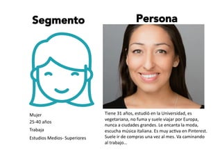 Segmento Persona
25-­‐40	
  años	
  
Mujer	
  
Trabaja	
  
Estudios	
  Medios-­‐	
  Superiores	
  
Tiene	
  31	
  años,	
  estudió	
  en	
  la	
  Universidad,	
  es	
  
vegetariana,	
  no	
  fuma	
  y	
  suele	
  viajar	
  por	
  Europa,	
  
nunca	
  a	
  ciudades	
  grandes.	
  Le	
  encanta	
  la	
  moda,	
  
escucha	
  música	
  italiana.	
  Es	
  muy	
  ac/va	
  en	
  Pinterest.	
  
Suele	
  ir	
  de	
  compras	
  una	
  vez	
  al	
  mes.	
  Va	
  caminando	
  
al	
  trabajo…	
  	
  
 