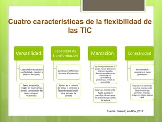 Cuatro características de la flexibilidad de
las TIC
Versatilidad
Capacidad de adaptarse
con facilidad y rapidez a
diversas funciones
Texto, imagen fija,
imagen en movimiento,
sonido, combinación de
texto e imagen,
multimedia
Capacidad de
transformación
Cambios en el formato
sin variar el contenido
Ajustes en el tamaño
del texto, el contraste o
la combinación fondo-
letra, lectores de
pantalla
Marcación
La misma información se
puede marcar de manera
diferente para los
distintos estudiantes en
función de sus
capacidades y
preferencias o nivel de
aprendizaje
Sobre un mismo texto
hacer ajustes en
parrafos o frases para
los diferentews niveles
de lectura
Conectividad
Posibilidad de
conectarse o hacer
conexiones
Relacionar un contenido
con otro, incorporando
hipervínculos que
permiten enlaces a
imágenes, videos, páginas
web
Fuente: Basado en Alba, 2012
 