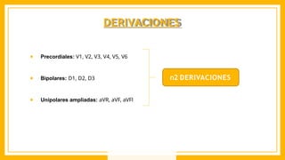 DERIVACIONES
● Precordiales: V1, V2, V3, V4, V5, V6
● Bipolares: D1, D2, D3
● Unipolares ampliadas: aVR, aVF, aVFl
n2 DERIVACIONES
 