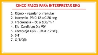 CINCO PASOS PARA INTERPRETAR EKG
1. Ritmo – regular o irregular
2. Intervalo PR 0.12 a 0.20 seg
3. Frecuencia – 60 a 100/min
4. Eje Cardiaco: 0 a 90°
5. Complejo QRS - .04 a .12 seg.
6. S-T
7. Q-T/QTc
 