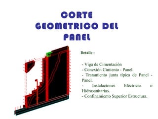 CORTE
GEOMETRICO DEL
PANEL
- Viga de Cimentación
- Conexión Cimiento - Panel.
- Tratamiento junta típica de Panel -
Panel.
- Instalaciones Eléctricas o
Hidrosanitarias.
- Confinamiento Superior Estructura.
Detalle :
 