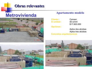 Metrovivienda
Cliente : Canaan
$/ unidad : 50 smml
$17.900.000
Opciones :
Aptos dos alcobas
Aptos tres alcobas
Concretos arquitectonicos
Apartamento modelo
Obras relevantesObras relevantes
 
