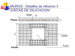 MUROS - Detalles de refuerzo 3
JUNTAS DE DILATACION
b
t
h
Juntas
Vacío
Planta
Alzada
Junta
 