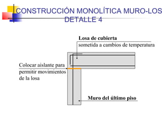 Losa de cubierta
CONSTRUCCIÓN MONOLÍTICA MURO-LOS
DETALLE 4
Muro del último piso
Colocar aislante para
permitir movimientos
de la losa
sometida a cambios de temperatura
 