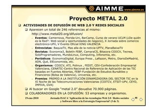 Proyecto METAL 2.0
ACTIVIDADES DE DIFUSIÓN DE WEB 2.0 Y REDES SOCIALES
   Aparecen un total de 246 referencias al mismo:
 ...