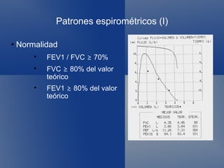 Patrones espirométricos (I) Normalidad FEV1 / FVC  ≥  70% FVC  ≥  80% del valor teórico FEV1  ≥  80% del valor teórico 