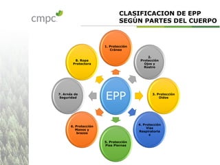 EPP
1. Protección
Cráneo
2.
Protección
Ojos y
Rostro
3. Protección
Oídos
4. Protección
Vías
Respiratoria
s
5. Protección
Pies Piernas
6. Protección
Manos y
brazos
7. Arnés de
Seguridad
8. Ropa
Protectora
CLASIFICACION DE EPP
SEGÚN PARTES DEL CUERPO
 