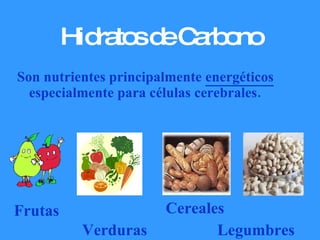 Hidratos de Carbono Son nutrientes principalmente  energéticos  especialmente para células cerebrales. Frutas Verduras Cereales Legumbres 