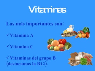 Vitaminas Las más importantes son: Vitamina A Vitamina C Vitaminas del grupo B (destacamos la B12). 