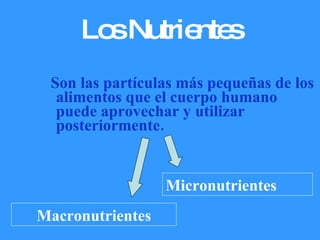 Los Nutrientes Son las partículas más pequeñas de los alimentos que el cuerpo humano puede aprovechar y utilizar posteriormente. Macronutrientes Micronutrientes 