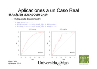 Aplicaciones a un Caso Real
6) ANÁLISIS BASADO EN GAM:
   –  ROC para la discriminación:
       > par(mfcol=c(1,2))
       > ROCBinormal(grupo,pred_GAM ) #Binormal
       > ROCEmpirica(grupo,pred_GAM ) #Empírica




Pepa Lado
Diciembre 2010
 