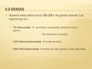    Nuestra dieta debe incluir 30-35% de grasas diarias. Las
    repartimos en:

       7% Saturadas  animales, mantequilla, aceite de coco y
        palma .
                            No consumir en exceso.

       13% Monoinsaturadas  aceite de oliva.

       10% Poliinsaturadas  aceite de maíz, girasol y soja. Pescados.
 