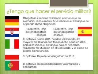 ¿Tengo que hacer el servicio militar?Obligatorio si se tiene residencia permanente en Alemania. Dura 6 meses. Si se reside en el extranjero, se suspende dicha obligación.Es optativo. Dejó de ser obligatorio en 2002.Es optativo. Dejó de ser obligatorio en 2008.Es optativo desde 2005. Pueden ser llamados los mayores de 18 años que tenían dicha edad en 2005, pero al residir en el extranjero, sólo es necesario regularizar tal situación en el Consulado, y se exime de prestar dicho servicio.Es optativo. Dejó de ser obligatorio en 2010.Es optativo en dos modalidades: Voluntariado y contratado