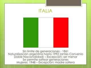 ITALIASin límite de generaciones - 1861Naturalización argentina hasta 1992 (antes Convenio Doble Nacionalidad) – Excepción: ser menorSe permite saltear generacionesMujeres: 1948 – Excepción: madre soltera
