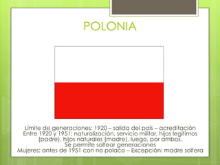 POLONIALímite de generaciones: 1920 – salida del país – acreditación Entre 1920 y 1951: naturalización, servicio militar, hijos legítimos (padre), hijos naturales (madre), luego, por ambos.Se permite saltear generacionesMujeres: antes de 1951 con no polaco – Excepción: madre soltera