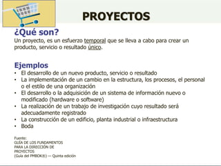 PROYECTOS
¿Qué son?
Un proyecto, es un esfuerzo temporal que se lleva a cabo para crear un
producto, servicio o resultado único.
Ejemplos
• El desarrollo de un nuevo producto, servicio o resultado
• La implementación de un cambio en la estructura, los procesos, el personal
o el estilo de una organización
• El desarrollo o la adquisición de un sistema de información nuevo o
modificado (hardware o software)
• La realización de un trabajo de investigación cuyo resultado será
adecuadamente registrado
• La construcción de un edificio, planta industrial o infraestructura
• Boda
Fuente:
GUÍA DE LOS FUNDAMENTOS
PARA LA DIRECCIÓN DE
PROYECTOS
(Guía del PMBOK®) — Quinta edición
 