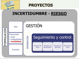 PROYECTOS
INCERTIDUMBRE - RIESGO
Idea
Preinversión
• Perfil
• Prefactibilidad
• Factibilidad
Inversión
GESTIÓN
APROBACIÓN
Seguimiento y control
Procesos de
Inicio
Procesos de
planificación
Procesos de
ejecución
Procesos de
cierre
FORMULACIÓN
 