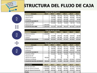 ESTRUCTURA DEL FLUJO DE CAJA
Flujo de Caja del Proyecto
Concepto Año 0 Año 1 Año 2 Año 3 Año 4 Año 5
+ Utilidad Neta -107,800 158,710 361,571 586,820 848,749
+ Depreciación 300,000 300,000 300,000 300,000 300,000
+ Intereses 273,000 230,872 183,268 129,475 68,688
= FLUJO DE CAJA BRUTO 465,200 689,582 844,838 1,016,295 1,217,437
- Variación KTNO -313,646 -60,232 -45,642 -48,714 -57,234
- Reposición AF -3,000,000
= FLUJO DE CAJA LIBRE -3,000,000 151,554 629,350 799,197 967,581 1,160,203
Flujo de Caja de la Deuda
Concepto Año 0 Año 1 Año 2 Año 3 Año 4 Año 5
- Nuevos Créditos -2,100,000
+ Intereses 0 273,000 230,872 183,268 129,475 68,688
+ Capital 0 324,061 366,188 413,793 467,586 528,372
= FLUJO DE CAJA DEUDA -2,100,000 597,061 597,061 597,061 597,061 597,061
Flujo de Caja del Accionista
Concepto Año 0 Año 1 Año 2 Año 3 Año 4 Año 5
+ Utilidad Neta 0 -107,800 158,710 361,571 586,820 848,749
+ Depreciación 0 300,000 300,000 300,000 300,000 300,000
+ Intereses 0 273,000 230,872 183,268 129,475 68,688
= FLUJO DE CAJA BRUTO 0 465,200 689,582 844,838 1,016,295 1,217,437
- Variación KTNO 0 -313,646 -60,232 -45,642 -48,714 -57,234
- Reposición AF 0 0 0 0 0 0
- Aportes de Capital -900,000 0 0 0 0 0
- Servicio a la Deuda 0 -597,061 -597,061 -597,061 -597,061 -597,061
= FLUJO DE CAJA DEL ACCIONISTA -900,000 -445,506 32,289 202,136 370,521 563,142
IGUALDADES Año 0 Año 1 Año 2 Año 3 Año 4 Año 5
Flujo de Caja Libre -3,000,000 151,554 629,350 799,197 967,581 1,160,203
Flujo de Caja de la Deuda -2,100,000 597,061 597,061 597,061 597,061 597,061
Flujo de Caja del Accionista -900,000 -445,506 32,289 202,136 370,521 563,142
Prueba 0 0 0 0 0 0
FCA
FCD
FCP
 