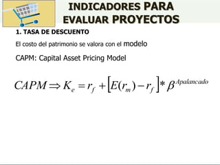 INDICADORES PARA
EVALUAR PROYECTOS
1. TASA DE DESCUENTO
El costo del patrimonio se valora con el modelo
CAPM: Capital Asset Pricing Model
  Apalancado
f
m
f
e r
r
E
r
K
CAPM 
*
)
( 



 