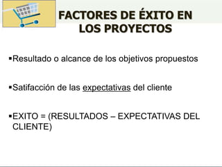 FACTORES DE ÉXITO EN
LOS PROYECTOS
Resultado o alcance de los objetivos propuestos
Satifacción de las expectativas del cliente
EXITO = (RESULTADOS – EXPECTATIVAS DEL
CLIENTE)
 