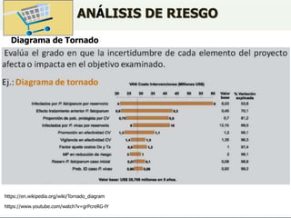ANÁLISIS DE RIESGO
Diagrama de Tornado
https://www.youtube.com/watch?v=grPcreRG-lY
https://en.wikipedia.org/wiki/Tornado_diagram
 