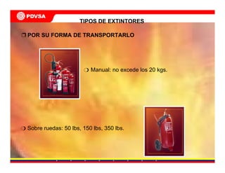 POR SU FORMA DE TRANSPORTARLO
TIPOS DE EXTINTORES
Sobre ruedas: 50 lbs, 150 lbs, 350 lbs.
Manual: no excede los 20 kgs.
 