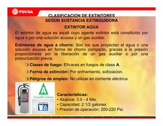 CLASIFICACION DE EXTINTORES
SEGÚN SUSTANCIA EXTINGUIDORA
El extintor de agua es aquél cuyo agente extintor está constituido por
agua o por una solución acuosa y un gas auxiliar.
EXTINTOR AGUA
Extintores de agua a chorro: Son los que proyectan el agua o una
solución acuosa en forma de chorro compacto, gracias a la presión
proporcionada por la liberación de un gas auxiliar o por una
presurización previa.
Clases de fuego: Eficaces en fuegos de clase A.
Forma de extinción: Por enfriamiento, sofocacion.
Peligros de empleo: No utilizar en corriente eléctrica.
Características:
• Alcance: 3.0 - 4 Mts.
• Capacidad: 2 1/2 galones
• Presión de operación: 200-220 Psi.
 