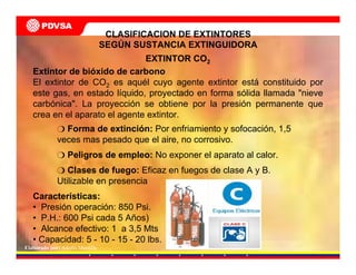 Elaborado por: Adolfo Mantilla
Extintor de bióxido de carbono
El extintor de CO2 es aquél cuyo agente extintor está constituido por
este gas, en estado líquido, proyectado en forma sólida llamada "nieve
carbónica". La proyección se obtiene por la presión permanente que
crea en el aparato el agente extintor.
CLASIFICACION DE EXTINTORES
SEGÚN SUSTANCIA EXTINGUIDORA
EXTINTOR CO2
Forma de extinción: Por enfriamiento y sofocación, 1,5
veces mas pesado que el aire, no corrosivo.
Peligros de empleo: No exponer el aparato al calor.
Clases de fuego: Eficaz en fuegos de clase A y B.
Utilizable en presencia
Características:
• Presión operación: 850 Psi.
• P.H.: 600 Psi cada 5 Años)
• Alcance efectivo: 1 a 3,5 Mts
• Capacidad: 5 - 10 - 15 - 20 lbs.
 