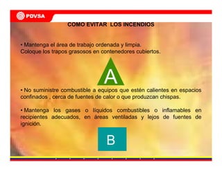 COMO EVITAR LOS INCENDIOS
• Mantenga el área de trabajo ordenada y limpia.
Coloque los trapos grasosos en contenedores cubiertos.
A
B
• No suministre combustible a equipos que estén calientes en espacios
confinados , cerca de fuentes de calor o que produzcan chispas.
• Mantenga los gases o líquidos combustibles o inflamables en
recipientes adecuados, en áreas ventiladas y lejos de fuentes de
ignición.
 