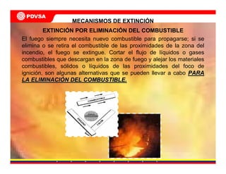 El fuego siempre necesita nuevo combustible para propagarse; si se
elimina o se retira el combustible de las proximidades de la zona del
incendio, el fuego se extingue. Cortar el flujo de líquidos o gases
combustibles que descargan en la zona de fuego y alejar los materiales
combustibles, sólidos o líquidos de las proximidades del foco de
ignición, son algunas alternativas que se pueden llevar a cabo PARAPARA
LA ELIMINACILA ELIMINACIÓÓN DEL COMBUSTIBLE.N DEL COMBUSTIBLE.
EXTINCIÓN POR ELIMINACIÓN DEL COMBUSTIBLE
MECANISMOS DE EXTINCIÓN
 