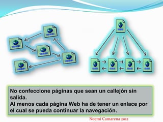 No confeccione páginas que sean un callejón sin
salida.
Al menos cada página Web ha de tener un enlace por
el cual se pueda continuar la navegación.
                            Noemí Camarena 2012
 