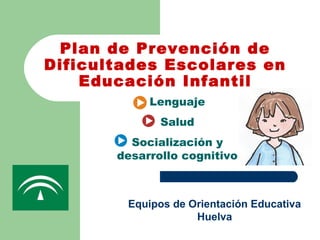Plan de Prevención de
Dificultades Escolares en
    Educación Infantil
            Lenguaje
              Salud
         Socialización y
       desarrollo cognitivo



        Equipos de Orientación Educativa
                    Huelva
 